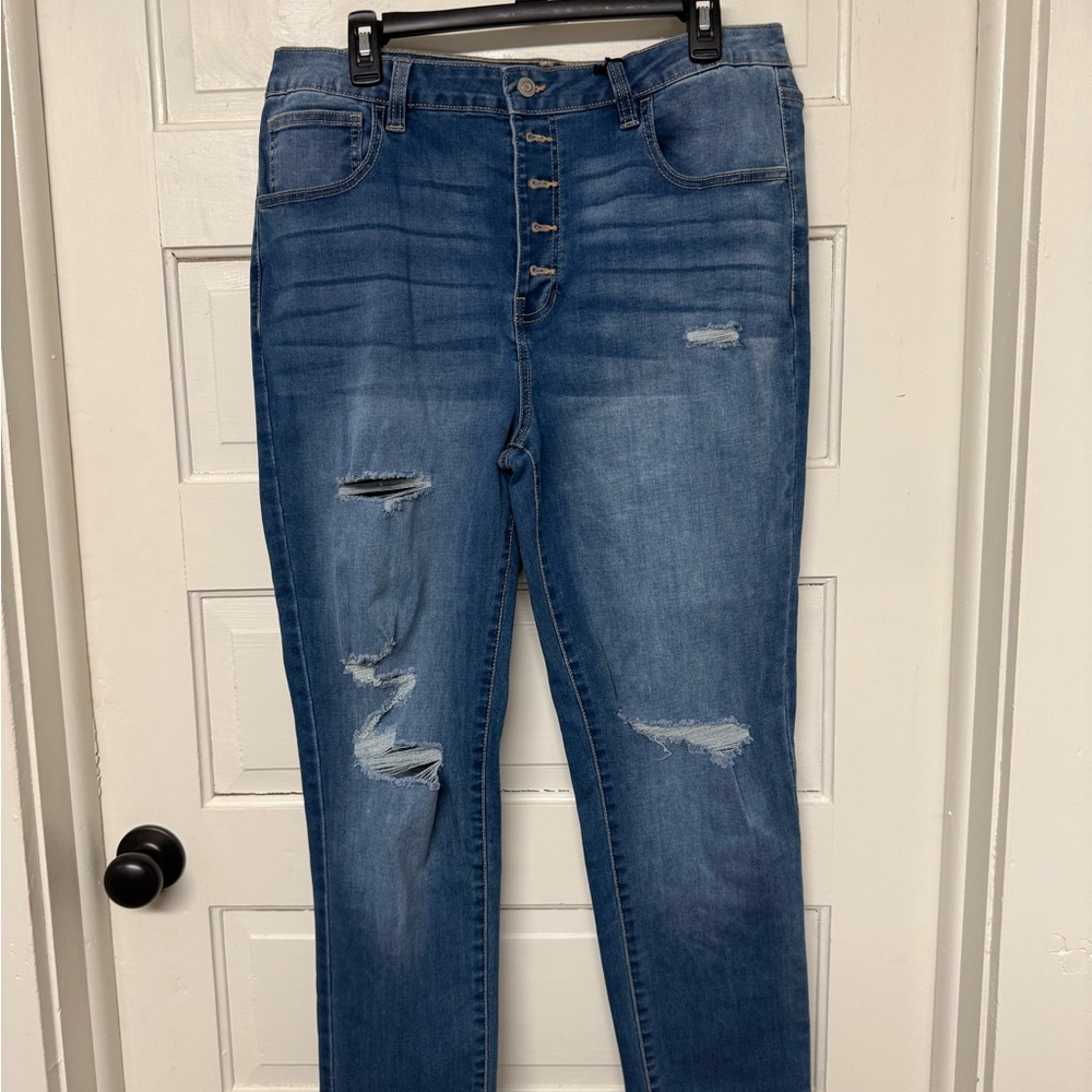 No Boundaries Women's Distressed Skinny Jeans in Blue Wash